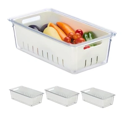 Image of Relaxdays 4X Fridge, Stackable, Draining Basket, Food Organiser with Lid, 10 x 32 17.5 cm, Transparent/White