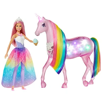 Image of Barbie Dreamtopia Magical Lights Unicorn with Rainbow Mane, &amp; Sounds, Royal Doll Pink Hair and Food Accessory, Gift for 3 to 7 Year Olds, GWM78