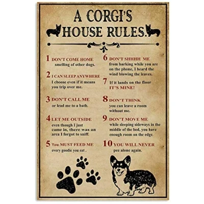 Image of TNND A Corgi House Rules Un Cool Wall D¨cor Gift For Dog Lover Metal Sign Art Tin Poster 8x12 inch