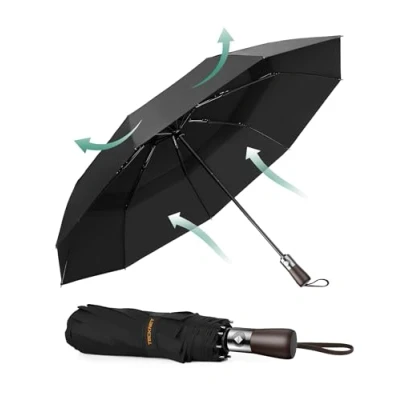 Image of TECKNET Windproof Umbrella Compact Folding Travel with Automatic Open/Close, Wind Resistant, Strong and Portable for Rain Wood Handle Vented Double Canopy Men Women