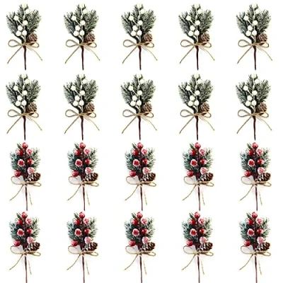Image of KHBNHJ Artificial Christmas Picks 20 Pcs Berries Stems Pine Branches Cones Holly Spray Wreath Floral for Winter Decor, Holiday Decor Red White, 15cm