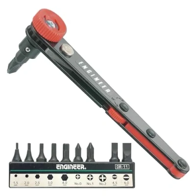 Image of Compact 90 Degree Right Angled Ratchet Screwdriver + Assorted bits, fits into Restricted &amp; confined Places. ENGINEER dr 06