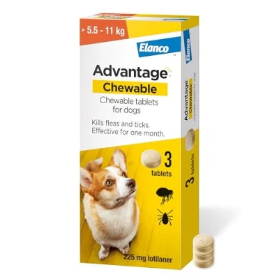 Image of Advantage Chewable 225mg Tablets For Dogs &gt;5.5 11kg (3 pack), Flea and Tick Treatment, Fast Acting Kills Fleas Within Hours, Prevention Lasts A Month, Easy To Administer