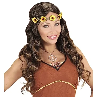 Image of Brown &quot;HIPPIE / MEDIEVAL WIG WITH SUNFLOWER HEADBAND&quot; in polybag