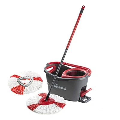 Image of Vileda Turbo Microfibre Mop and Bucket Set with Extra 2 in 1 Head Replacement, Spin for Cleaning Floors, of 1x Mop, Refill