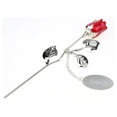 Image of Go Find A Gift Personalised Engraved Silver Plated Red Rose 18cm