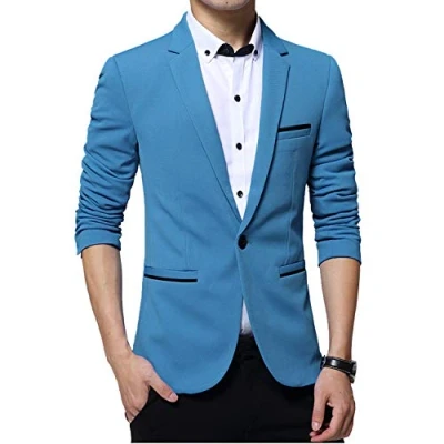 Image of Gopune Men&#039;s Slim Fit Casual One Button Suits Coat Solid Blazer Business Jacket(Sky Blue,XS)