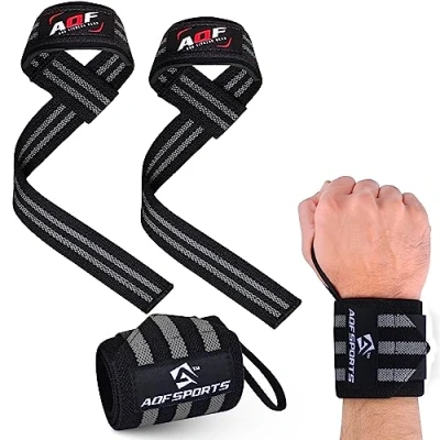 Image of AQF Wrist Support Kit 18 Wraps and Padded Lifting Straps for Deadlifts, Weight lifting, Powerlifting, CrossFit, Fitness Workout, Strength Training Men &amp; Women(1 Pair Each)(Black Grey)