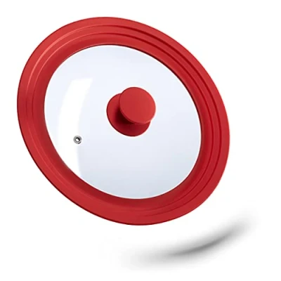 Image of Relaxdays Saucepan Lid Universal, Glass Cover, Stepped Silicone Rim, Pots &amp; Pans 22 26 cm, 5x27,5 Red