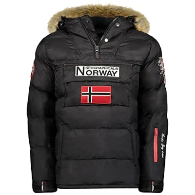 Image of Geographical Norway Bilboquet Men Men&#039;s Autumn Winter Warm Head Pass Parka Waterproof Coat Furry Hood Windproof Jacket (Black XXL)