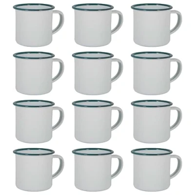 Image of Argon Tableware White Enamel Espresso Cups Metal Outdoor Camping Coffee Hot Drinks Set 130ml Green Pack of 12