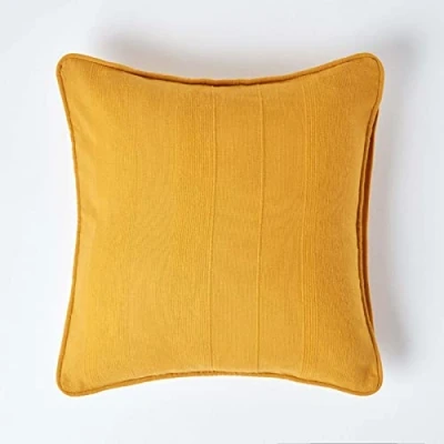 Image of HOMESCAPES Rajput Ribbed Cushion Cover 18 x Inches (45 45cm) Mustard Yellow 100% Cotton Coordinating with Throws and Curtains Easy care Washable at home