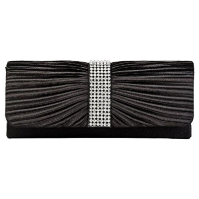 Image of Eleoption Womens Satin Diamante Ladies Pleated Bow Wedding Bridal Prom Handbag Clutch Bag, Black(Size: X Large)
