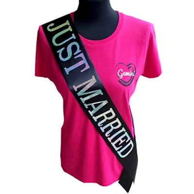 Image of Gemini Ribbons Just Married Sash Holographic Party Womens Mens Gift Outfit Wedding