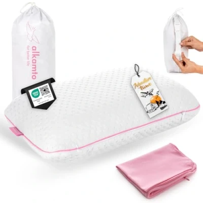 Image of alkamto Travel Pillow Ergonomic Neck Support Memory Foam with Temperature Regulating Pillowcase Includes Extra Cotton Cover and Carry Bag (15,7 x 10,6 3,9 In Pink + Cover)