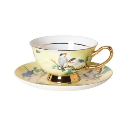 Image of Pfedxoon Bone China Tea Cup with Saucer Spoon 3 Piece Set（240ml） Cappuccino Cups, Set, British Coffee Porcelain Latte Mother&#039;s Day Gift (Yellow Bird)