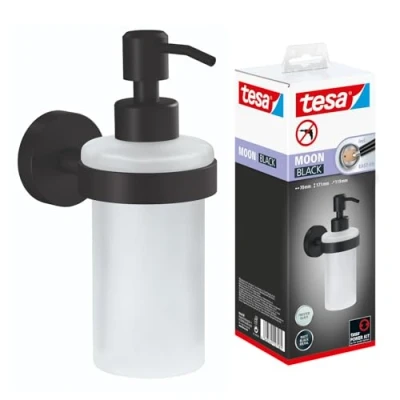 Image of tesa MOON BLACK Soap dispenser, matt black, satin glass pump 200 ml for industrial style and modern bathrooms no drilling required, incl. adhesive solution 171 mm x 70 119