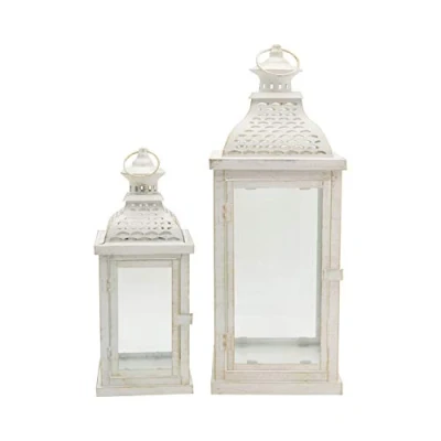 Image of Rebecca Mobili Set 2 White Candle Holder Lanterns, Metal Pvc, Vintage Style, Garden Living Room Measurements: 50x19x19 (HxLxP) Art. RE6555