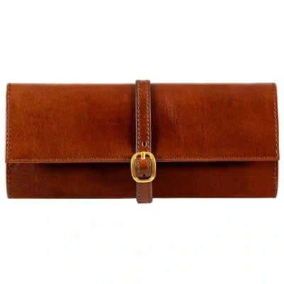 Image of Time Resistance Leather Jewelry Roll Cognac Brown Full Grain Travel Case Jewellery Organizer Made in Italy