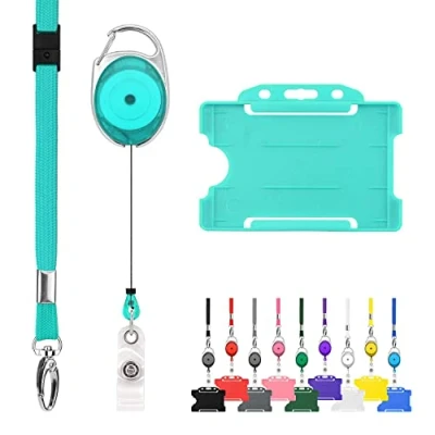 Image of Retractable Lanyard and Badge Holder Trio Triple Pack by LanyardsTomorrow Set Includes A Single Plain Lanyard, Extendable Carabiner Yoyo Reel Clip Rigid ID Card (Turquoise)