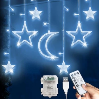 Image of GloBrite Curtain Lights with 138 LED Battery Operated Star &amp; Moon Christmas Window Fairy 8 Modes Memory Function for Decorations