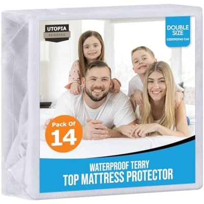 Image of Utopia Bedding Waterproof Mattress Protector Double Bed, 135 x 190 cm, (Pack of 14, White), Fits Up to 40 cm Deep Mattresses, Premium Terry Cover, All Around Elastic, Machine Washable