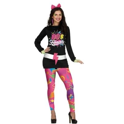 Image of FIESTAS GUIRCA 80s Forever Fancy Dress Costume Long Sleeve Black and Pink Leggings with Print for Ladies Size L