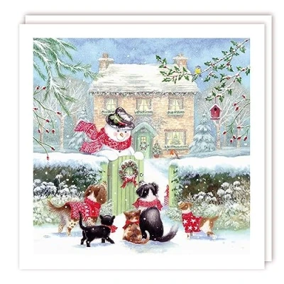 Image of Tracks Publishing Charity Christmas Cards Dogs and Cats Meeting Jolly Snowman Eco Friendly Pack of 5