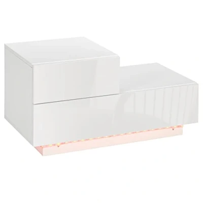 Image of HOMCOM Bedside Table with LED Light, Nightstand 2 Drawers and High Gloss Front, USB Powered Side Remote for Bedroom, Living Room, White