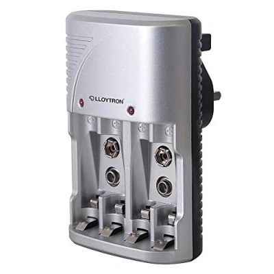Image of LLOYTRON Compact AA / AAA 9v (PP3) Battery Charger for NiMh NiCd Rechargeable Batteries ? Charge 2 or 4 at Once B1502 Silver