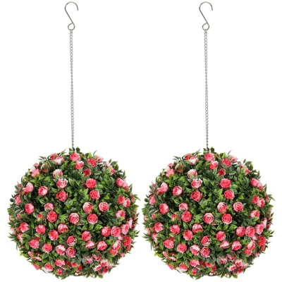 Image of HOMCOM Set of 2 Decorative Artificial Plants, UV protected Plant Topiary Rose Balls, Fake Plants for Home Indoor outdoor Decor, 28cm, Pink