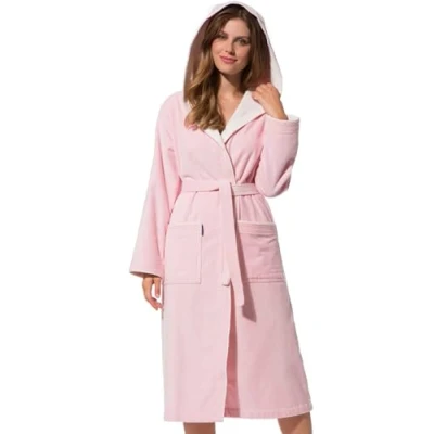 Image of Morgenstern Dressing Gown Women Hood 100% Cotton Velour Long Bathrobe Pink M