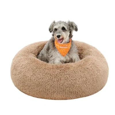 Image of Feandrea Dog Bed, Donut Cat Fluffy Calming Pet Bed with Removable, Washable Cover, Soft Long Plush, 70 cm, Camel Brown PGW039K01