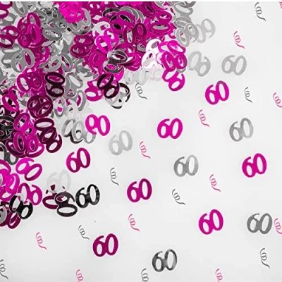 Image of SHATCHI 28g Pink &amp; Silver 60th Birthday Confetti Foil Metallic Glitz Table Scatter Sprinkles Age Bday Party Decorations, 12mm