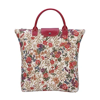 Image of Signare Tapestry Foldable Tote Bag Reusable Shopping Grocery with Designs Inspired by V&amp;A Collections (Flower Meadow; FDAW FLMD)