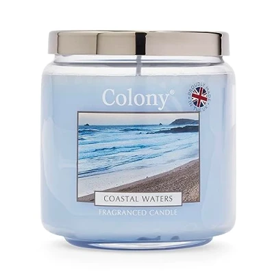 Image of Wax Lyrical, Colony Coastal Waters Medium Candle Jar, Burn Time of Up to 75 Hours, Blue