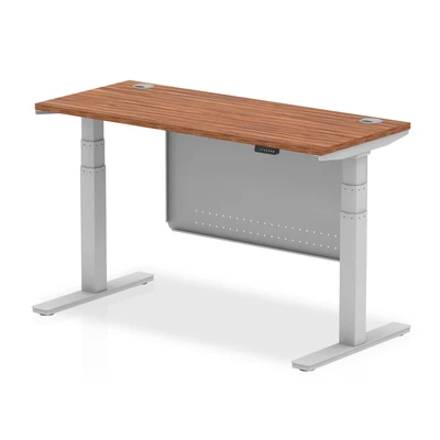 Image of Air 1400x600 Height Adjustable Desk Walnut CP Silver Leg Modesty Panel