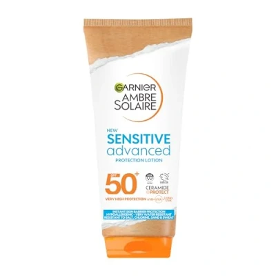 Image of Garnier Ambre Solaire SPF 50+ Sensitive Advanced Sun Cream, For Skin, Water Resistant &amp; Non Greasy Sunscreen, 50 UVA UVB Protection, Approved by Cruelty Free International, 175ml