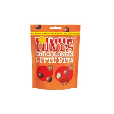 Image of Tony&#039;s Chocolonely Littl’ Bits Chocolate Mix Balls Mini Milk Caramel Sea Salt Biscuit Chocolates in Sharing Pouch 100g