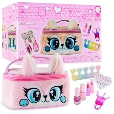 Image of Kids Play Makeup or Nail Polish Set Non Toxic Varnish Lip Gloss Lipstick Art Stickers (Pink)
