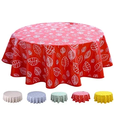 Image of Home Direct Round Oilcloth PVC Wipe Clean Tablecloth 140cm 55&quot; Leaves (Red)