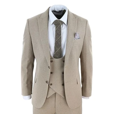Image of Mens Tweed 3 Piece Beige Formal Tailored Wedding Suit