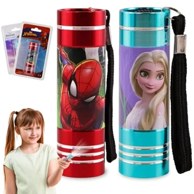 Image of SRV Hub 2Pcs Children&#039;s Christmas Torches, Frozen and Spiderman LED Torch, Super Bright Aluminium Nightlights with Lanyard for Travel, Kids Xmas Flashlights Gift 3+ Years Size 8.7cm