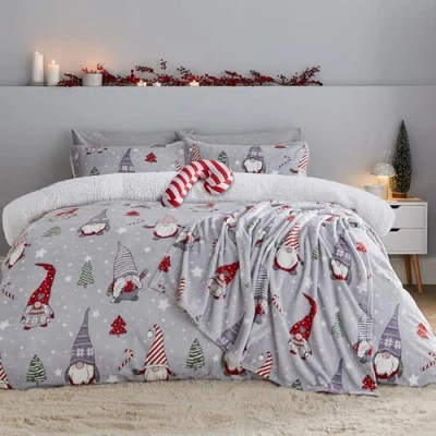 Image of Catherine Lansfield Christmas Festive Gnomes Cosy Fleece Double Duvet Cover Set with Pillowcases Grey