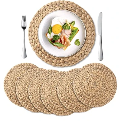 Image of 6 Pack, Round Woven Placemats, 35 cm Natural Water Hyacinth Braided Straw Table Mats