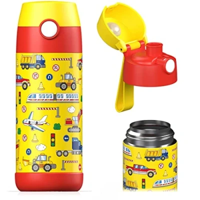 Image of JARLSON® &quot;MALI&quot; Children&#039;s Water Bottle, Thermal Stainless Steel BPA Free, Leak Proof, Bottle with Chug Lid, for School, Nursery, 350 ml (Vehicles, ml)
