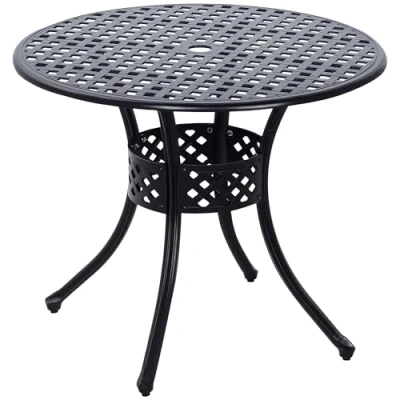 Image of Outsunny 85cm Round Garden Dining Table with 46.5mm Dia. Umbrella Hole, Cast Aluminium Outdoor Table, Grid Motif for Garden, Patio, Porch, Black