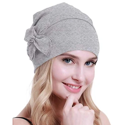 Image of osvyo Cotton Chemo Turbans Headwear Beanie Hat Cap for Women Cancer Patient Hairloss Light Grey