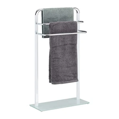 Image of Relaxdays Towel Rack, Chromed Metal Holder, HWD 80x45x20 cm, Clothes Valet, 3 Rails, White/Silver