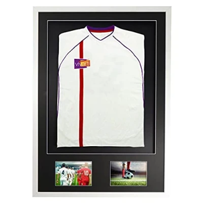 Image of Vivarti DIY Adult 3D Mounted + Double Aperture Sports Shirt Display Frame for Football Shirt, Rugby Band T Shadow Box 61 x 91.5cm White Frame, Black Mount, Backing Card
